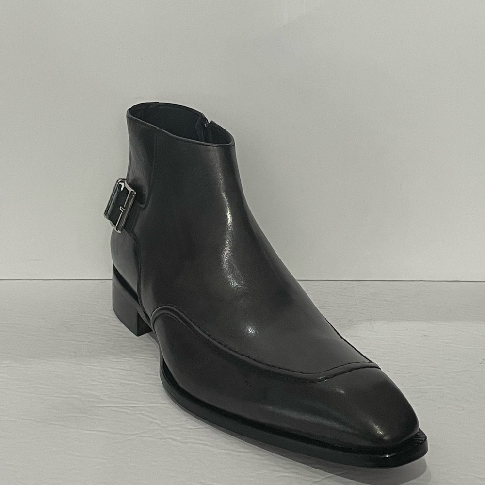 Duca ankle boot charcoal point toe Atalian leather side zipper side buckle